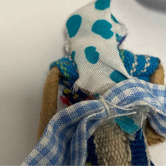 Vintage Folk Art Asian DOLL Fabric Handmade Cloth Necklace Blue Check Tie - Picture 12 of 15